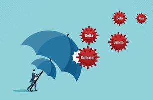 Businessman leader stand safe by cover himself with big umbrella Stop B.1.1.529 Omicron of covid 19 virus. New variant omicron outbreak from Africa and coronaviruses influenza background. vector