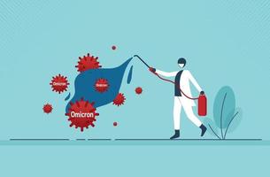 Defensive and fight to win Omicron virus and disinfect, clean and kill virus pathogen prevent outbreak spreading concept, worker with protective gear spray the cleaning sanitize chemical to disinfect vector