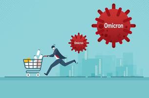 hombre de pánico corriendo con miedo lleno de productos de bienes de consumo, medicina en carrito de compras porque omicron del virus covid 19. nueva variante de omicron brote de áfrica y coronavirus influenza vector