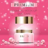 crema hidratante facial de perlas para la venta anual o la venta del festival. botella de máscara de crema rosa y dorada aislada sobre fondo de partículas brillantes. elegantes anuncios cosméticos, ilustración. vector