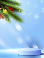 feliz navidad es la forma de podio de geometría para mostrar la exhibición de productos cosméticos. pedestal o plataforma de escenario. fondo azul de navidad de invierno con árbol de navidad para producto de promoción. diseño vectorial vector