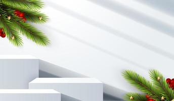 feliz navidad es la forma de podio de geometría para mostrar la exhibición de productos cosméticos. pedestal o plataforma de escenario. fondo azul de navidad de invierno con árbol de navidad para producto de promoción. diseño vectorial vector