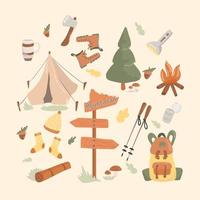 Set of icons for tourists. Hiking set. Set for travel to the mountains. vector