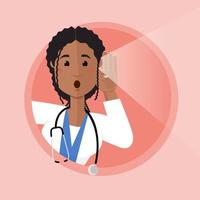 una doctora afroamericana con bata blanca se asoma a la vuelta de la esquina y escucha malas noticias. vector