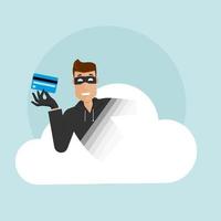 A smiling thief hacks into cloud storage and pulls out credit card data. vector