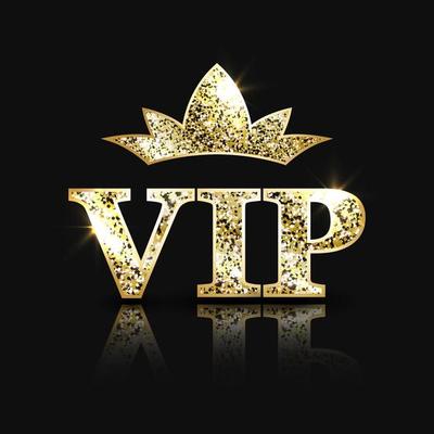 Golden glittering big crown and vip text with reflection on black background. Very important person. Luxury vector design