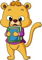 The cute student lion is holding a lot of book with the happy face vector
