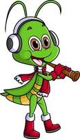 The grasshopper is playing trumpet while wearing headphone vector