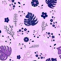 Violet and purple seamless pattern with spring flowers and summer leaves. Repeat floral background with bouquets and winter snowflakes. vector