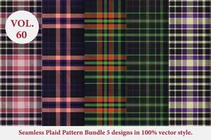 paquete de patrones a cuadros 5 diseños vector de búfalo, papel tapiz de fondo de tela de tartán, colección de patrones