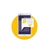 Approved bitcoin payment, completed transaction via smartphone vector