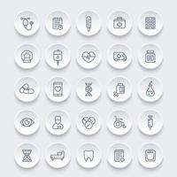 medicine, healthcare line icons set, health insurance, pills, mri scan, ambulance, iv bag, wheelchair, syringe vector
