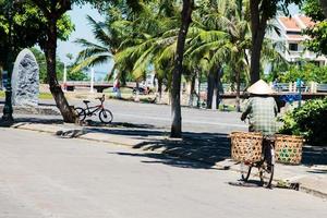 Person seen from his back moving on a bicycle wearing a conical hat and a carrying pole with vegetables. Empty street. Hue, Vietnam photo