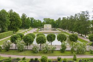 Summer Park with alleys and benches near the footpaths. photo