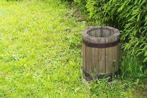 Old wooden bucket on the grass. photo