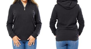 Front back and rear black sweatshirt view. Woman in template clothes for print and copy space isolated on white background. Mockup. Cropped image photo