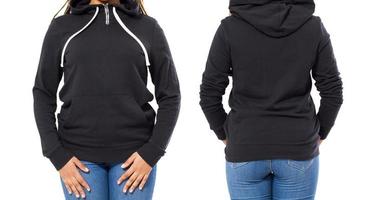 Front back and rear black sweatshirt view. Woman show on template clothes for print and copy space isolated on white background, Mock up, Cropped image. photo