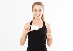 Excited woman showing empty blank paper card sign with copy space for text and show like. Gorgeous multi ethnic Chinese Asian white Caucasian female model isolated on white background.Gift card. photo