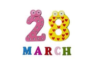 March 28 on white background, numbers and letters. photo