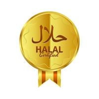 insignias vectoriales doradas con certificación halal con escritura árabe y cinta vector