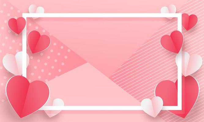 Valentine's day concept background. Vector illustration. 3d red and pink paper hearts with white square frame. Cute love sale banner or greeting card