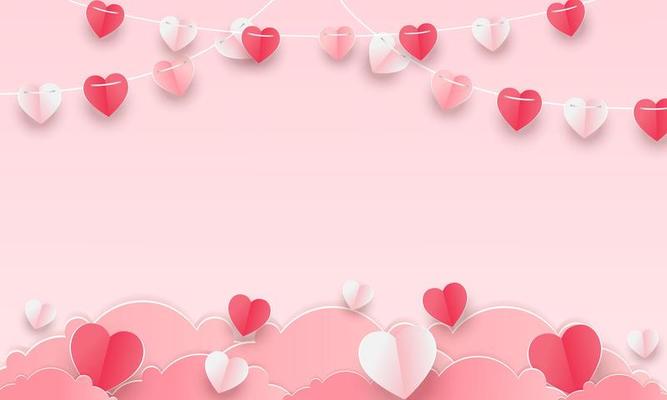 Valentine's day concept background. Vector illustration. 3d red and pink paper hearts with white square frame. Cute love sale banner or greeting card