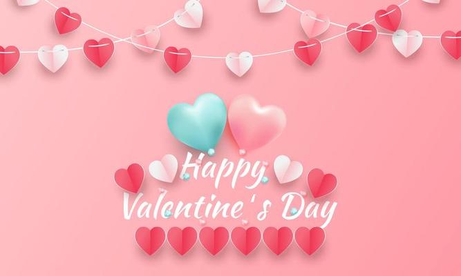 Valentine's day concept background. Vector illustration. 3d red and pink paper hearts with white square frame. Cute love sale banner or greeting card