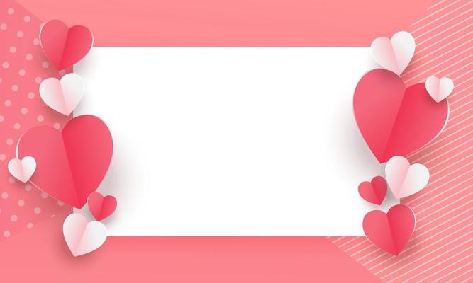 Valentine's day concept background. Vector illustration. 3d red and pink paper hearts with white square frame. Cute love sale banner or greeting card