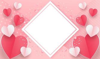 fondo del concepto del día de san valentín. ilustración vectorial Corazones de papel rojo y rosa 3d con marco cuadrado blanco. linda pancarta de venta de amor o tarjeta de felicitación vector