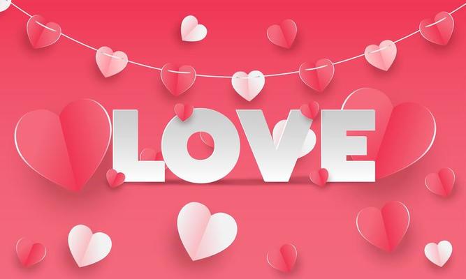 Valentine's day concept background. Vector illustration. 3d red and pink paper hearts with white square frame. Cute love sale banner or greeting card