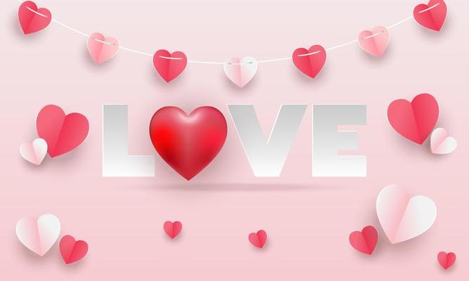 Valentine's day concept background. Vector illustration. 3d red and pink paper hearts with white square frame. Cute love sale banner or greeting card