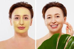 Middle age closeup woman face before after beauty mask treatment. Before-after wrinkled skin. Summer anti aging collagen mask on woman wrinkle face isolated. Mid aged facial skincare. Menopause period photo