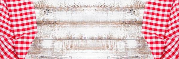 set top view empty wooden table with tablecloth, food drink background photo
