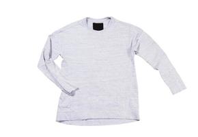 Gray pullover isolated on white background. Gray sweatshirt mock up empty copy space. photo