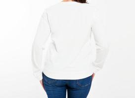 back view White pullover on a young woman in shorts closeup, isolated, with copy space, mockup. photo