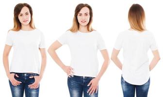 two woman in t-shirt front views, back view of girl in tshirt isolated photo