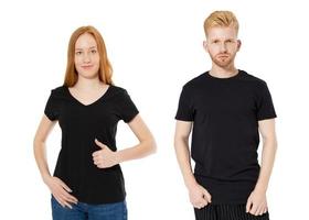 front view of man and woman with blank black t-shirt isolated on white background photo