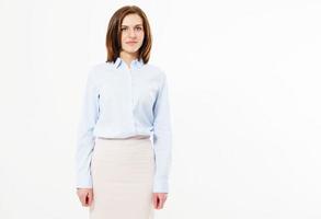 Beautiful happy brunette girl posing in business suit on white background. The concept of successful people. photo