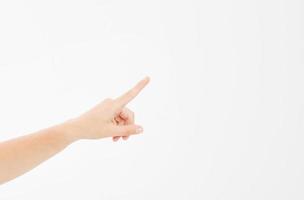 finger point isolated white background. caucasian hand. Mock up. Copy space. Template. Blank. photo