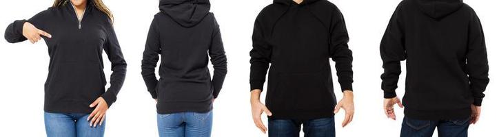 female and male hoodie mock up isolated - hood set front and back view, girl and man in empty black pullover photo