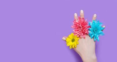 Woman hand and yellow, blue, pink flowers isolated on background. Summer and spring concept. Fashion design and manicure. Top view and copy space. Mock up mother day. Banner photo