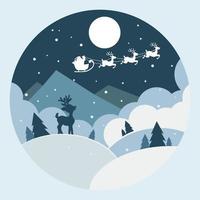 Little deer sees Santa Claus flying on a sleigh on a big full moon in a pine forest in winter. Silhouette vector illustration.