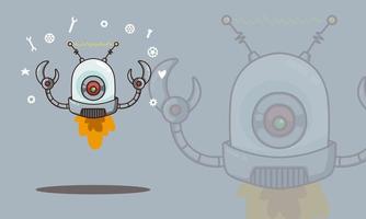 Cute gray robot on gray background. Graphic vector illustration. Cyborg futuristic design robotic toy robot. Robot technology machine future science toy. Cute element icon character, cartoon robot.