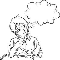 Teenage boys write while smiling thinking of something. Hand drawing illustration. vector