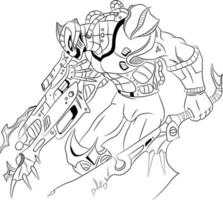 A cyborg fighter character who is ready to defeat the enemy using weapons and swords. Artificial intelligence and cyborgs. Isolated vector illustration in cartoon manga style