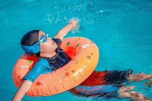 Children frolic at the water park. It is a sunny, perfect day for getting wet and playing hard. photo