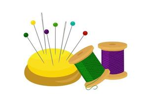 Yellow Pincushion with Needles and Colorful Pins. Spools of thread. vector