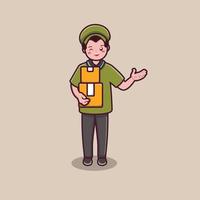 cute delivery man with a happy expression holding box vector