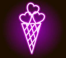 Neon ice-cream cone filled with hearts. Valentines day icon. Vector illustration