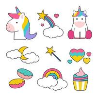 juego de pegatinas de unicornio con arcoíris de colores vector
